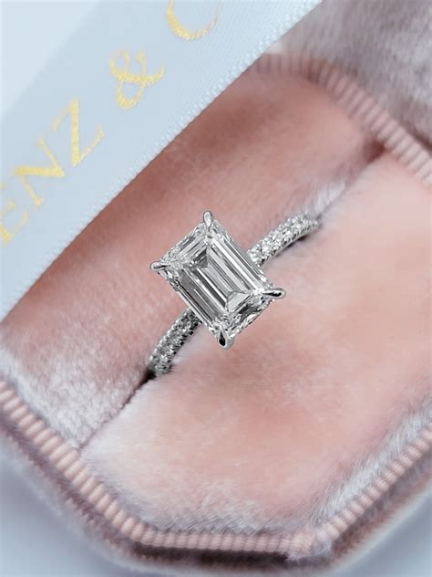 Carats Lab Grown Emerald Cut Micropaved Side Stones Hidden Halo