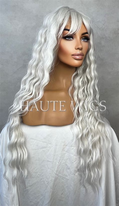 Ice White Ashy Wavy Curly Long 30 Inches Wig Fringe Bangs Etsy