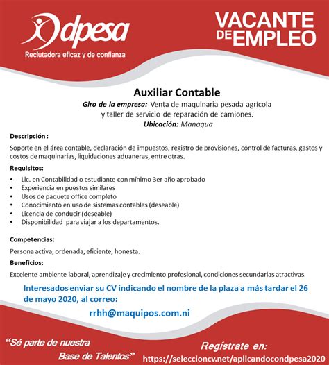 Plantilla Publicación De Vacantes Auxiliar Contable Dpesa