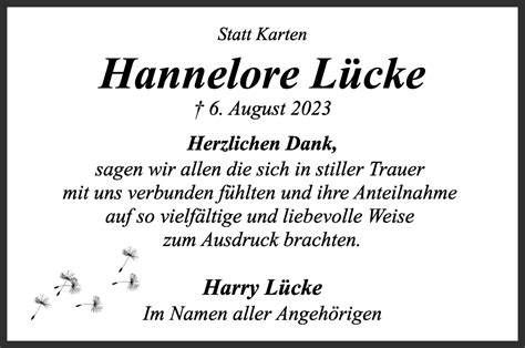 Traueranzeigen von Hannelore Lücke Trauer Gedenken