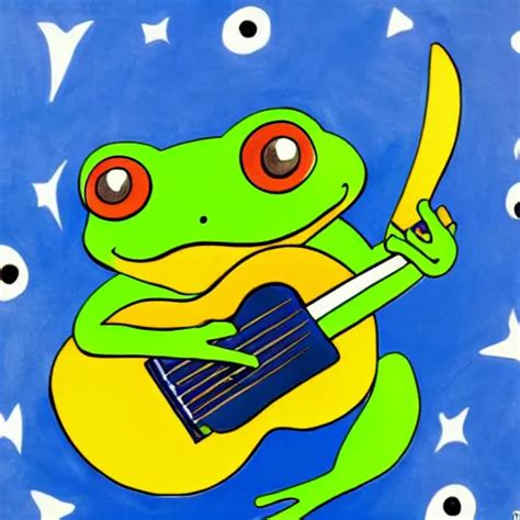 Frog Playing On Guitar Blue Background Modern Stable Diffusion