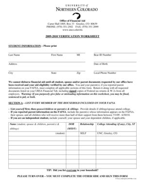 Fillable Online Unco Verification Worksheet Unco Fax Email