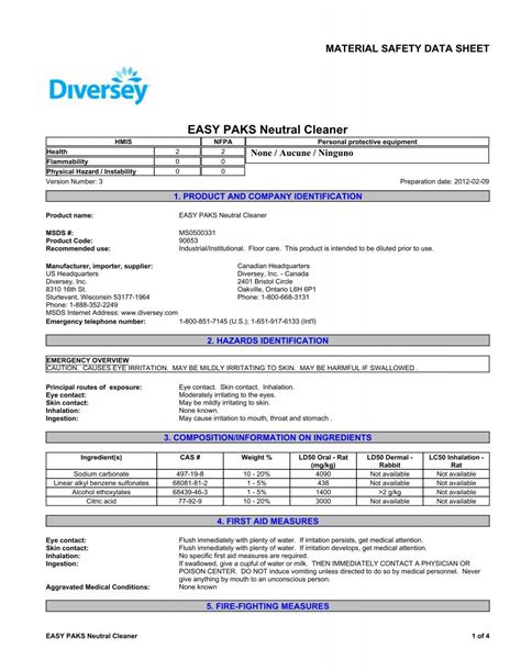 Easy Paks Neutral Cleaner Material Safety Data Sheets Diversey De9