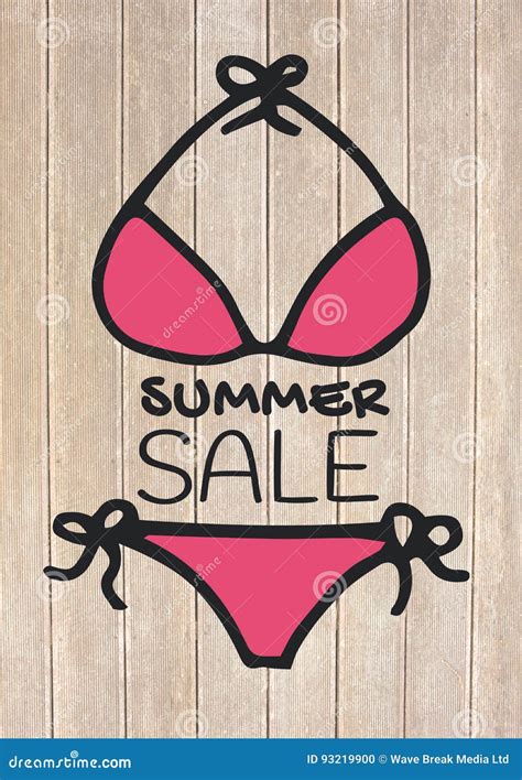 Summer Sale Text And Pink Bikini Against Decking Stock Illustration