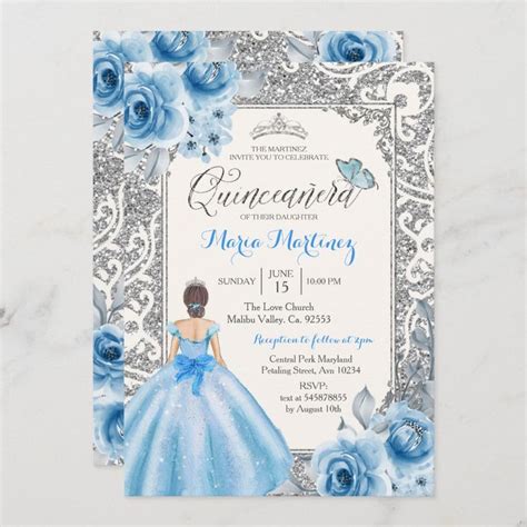 Princess Silver And Blue Roses Mis Quince Invitation Zazzle Quince