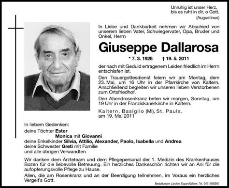 Traueranzeigen Von Giuseppe Dallarosa Trauerbz