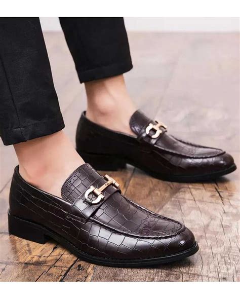 Men S Brown Metal Buckle Brogue Leather Slip On DressShoes Croc