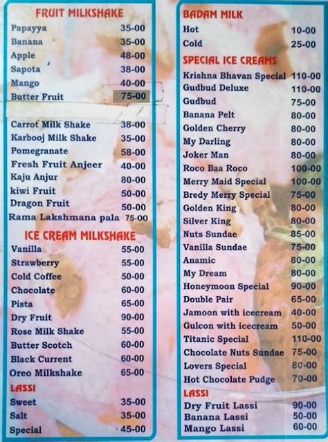 Menu Of Sri Krishna Bhavan Sweets Sanjay Nagar Bangalore