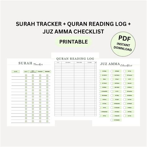 Surah Tracker Quran Reading Log Juz Amma Checklist Muslim Planner