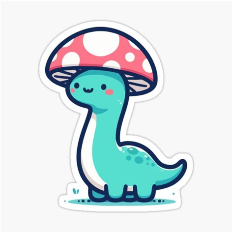 Kawaii Simple Mushroom Hat Blue Dinosaur Brontosaurus Sticker For