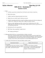 NPB 101D Worksheet 9 Immune System W19 Docx Name Dylan Johnston