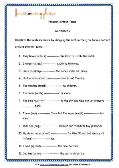 Grade 4 English Resources Printable Worksheets Topic Present Perfect Tenses Lets Share Knowledge