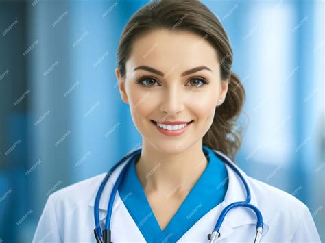 Premium Photo A Happy Beautiful Woman Doctor Wear Blue Uniform White