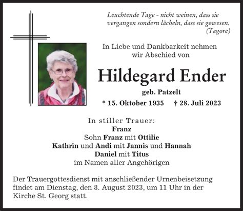 Traueranzeigen Von Hildegard Ender Augsburger Allgemeine Zeitung