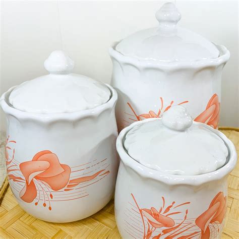 Peach Pink Pastel Stripes Floral Ceramic Canister Set Kitchen Etsy