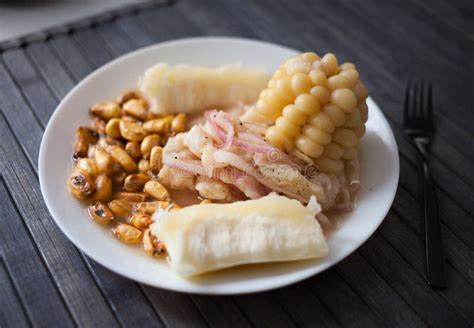 Peruvian Traditional Dish.fish Ceviche with Yuka and Corn Stock Image ...