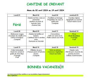 Menus De La Cantine Avril Commune De Crevant