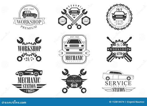 Auto Mechanic Black and White Emblems. Classic Style Vector Monochrome ...