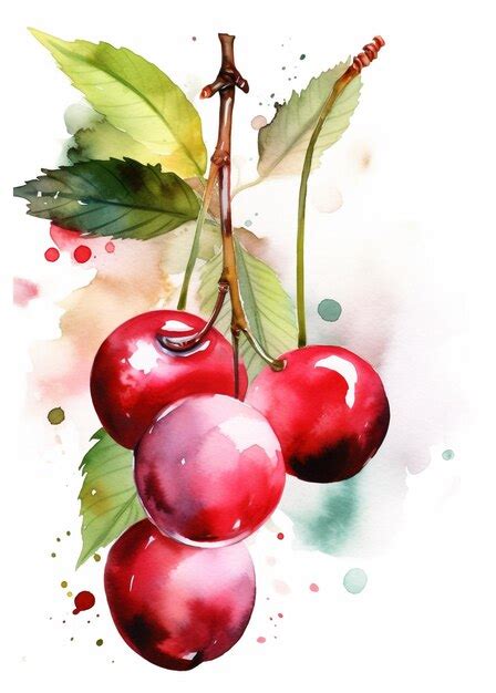 Premium Photo Watercolor Painting Of A Red Cherries With Green Leaves