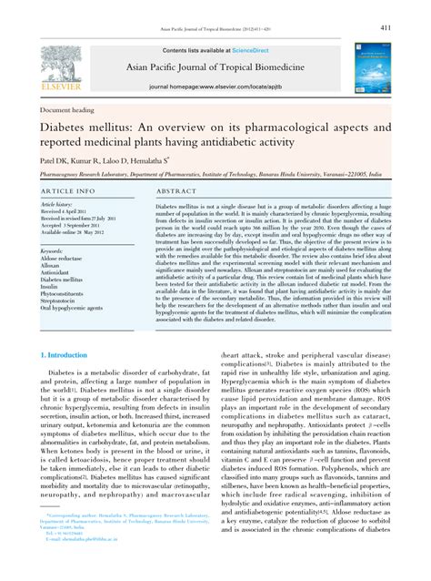 PDF Diabetes Mellitus An Overview On Its Pharmacological Aspects And