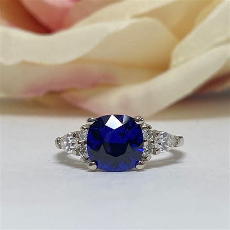 Cushion Cut Blue Sapphire Engagement Ring K White Gold Blue Sapphire