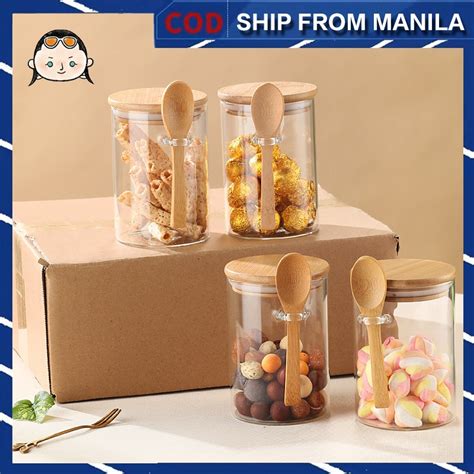 Kitchen Glass Airtight Jar Kitchen Candy Storage Jar Bamboo Food Container With Wooden Spoon