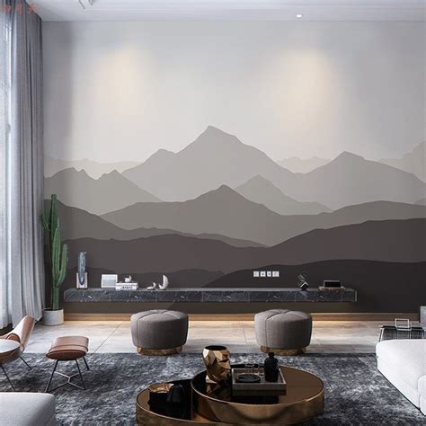 Ombre Mountains Mural Wallpaper Grey Mountain Landscape Etsy