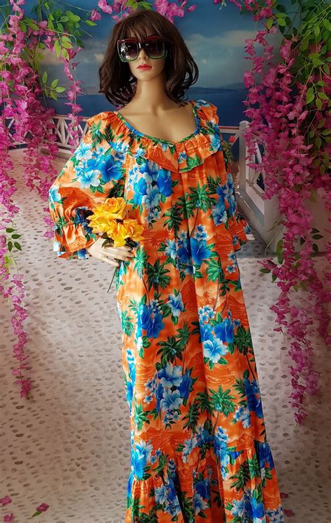 Uk 2022 Us 1618 Epic Vintage 1970s Orange Blue Green Tropical Floral Hawaiian Muu Muu Kaftan