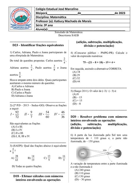 Simulado Saeb 9 Ano Matemática BRAINCP