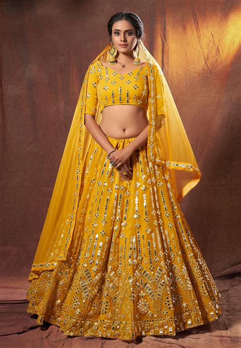 Yellow Georgette Mirror Work Lehenga Choli