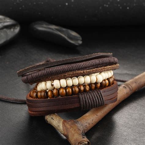 If Me Multilayer Leather Bracelet Men Jewelry Punk Rock Wood Bead