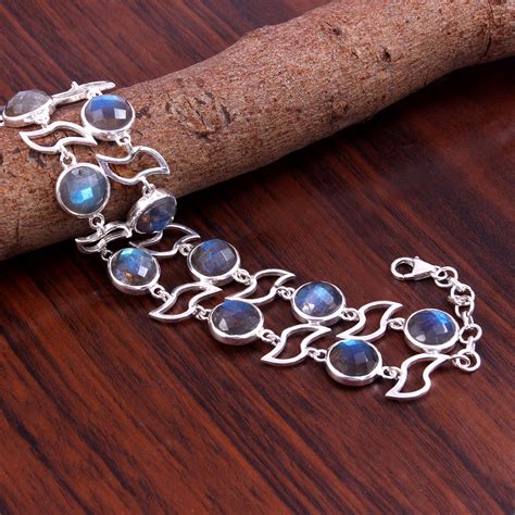 Silver Bracelet With Labradorite Round Cut Gemstone Silver Etsy Uk