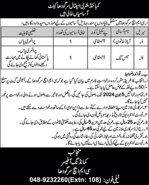 Combined Military Hospital Cmh Sargodha Jobs 2024