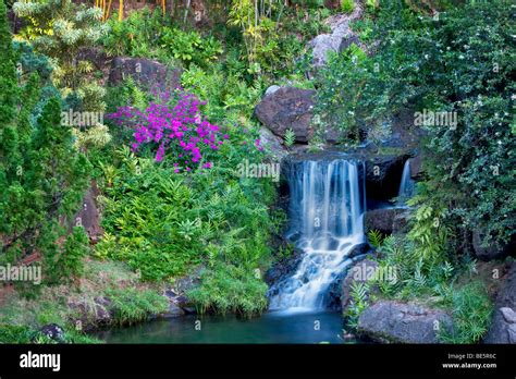 Waterfall At Na Aina Kai Botanical Gardens Kauai Hawaii Stock Photo