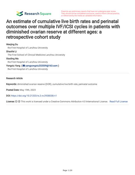 Pdf An Estimate Of Cumulative Live Birth Rates And Perinatal Outcomes