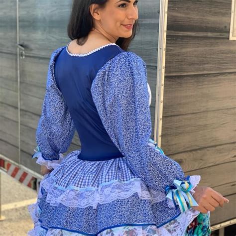 Vestido Junino Caipira Azul Manga Longa Espartilho Curto Elo7