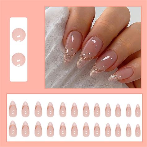 24Pcs Almond French Tip Nude Pink Press On Nails With Glitter Gold