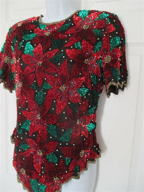 Laurence Kazar Heavily Sequin Beaded Pointsetta Top Gem