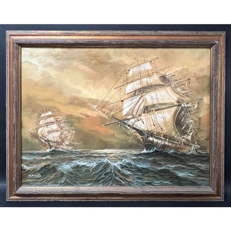 Vintage Oil Painting of Sailing Ship in the Sea With Wooden Frame ...