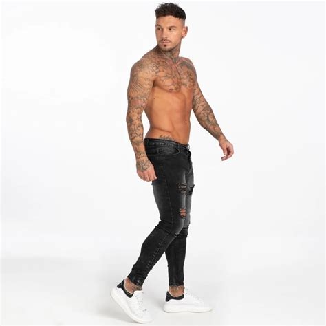 Men Jeans Dark Washed Black Slim Fit Ripped Jeans