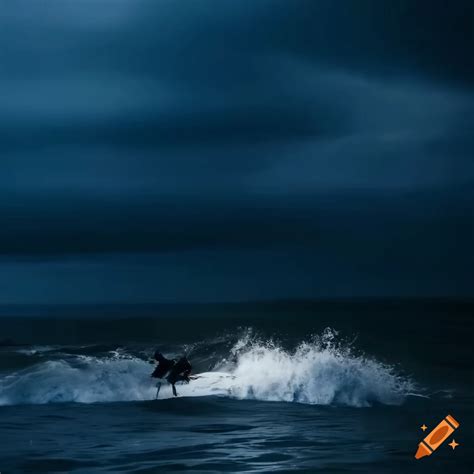 Surfers Riding Wave Under Stormy Night Sky On Craiyon