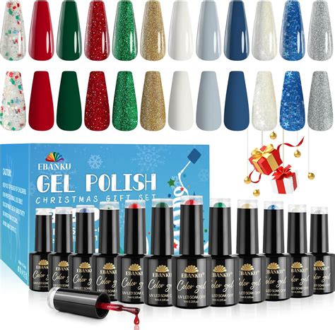 EBANKU Christmas Gel Nail Polish Kit 12 Colors Red White Green Gold