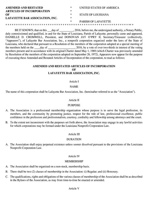 Fillable Online Lafayettebar Amended And Restated Articles Of