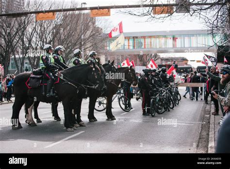 A Mounted Police Unit In Calgary City Hall Canadian Flags Waving In The