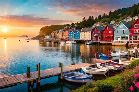 Premium Ai Image A Colorful Row Of Boats Are Docked At A Pier With A