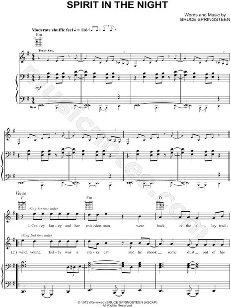 Bruce Springsteen Spirit In The Night Sheet Music In E Minor