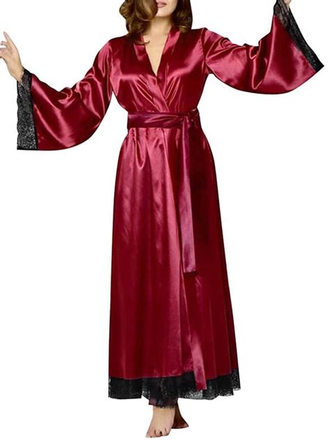 Enjiwell Women Sexy Satin Silk Sleepwear Lace Long Bride Kimono