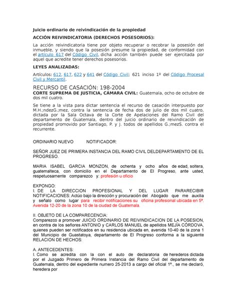 Reivindicacion De La Propiedad Demanda Juicio Ordinario De