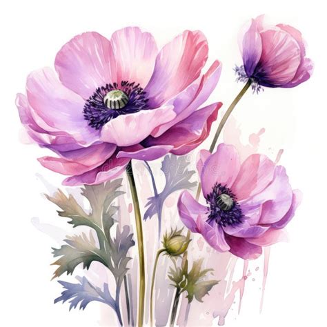 Beautiful Spring Anemone Bouquet Watercolor Drawing Generative AI