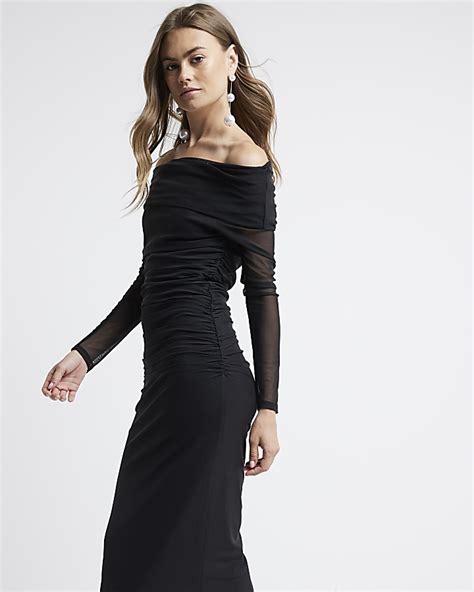 Black Bardot Mesh Midi Dress River Island